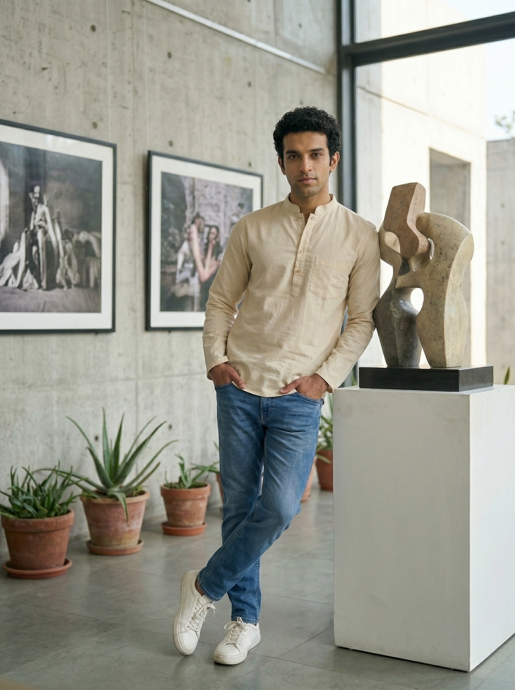 Mens Beige Khadi Pure Cotton Kurta